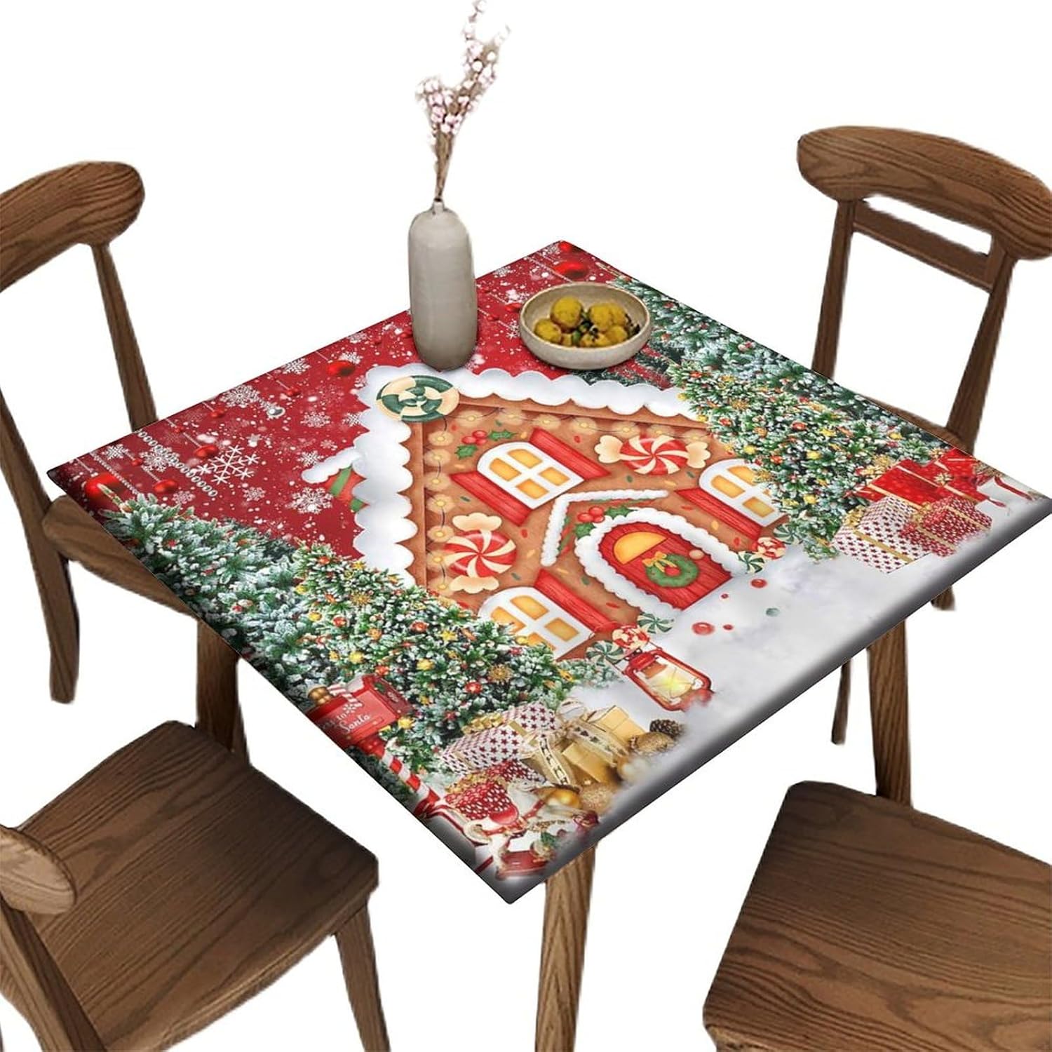 Elastic Edge Square Fitted Tablecloth, Abstract Colorful Leaves Flower Plant Polyester Table Cover, for Outdoor Patio and Indoor Kitchen Dining Party, Fit for 44" x 44"Square Table