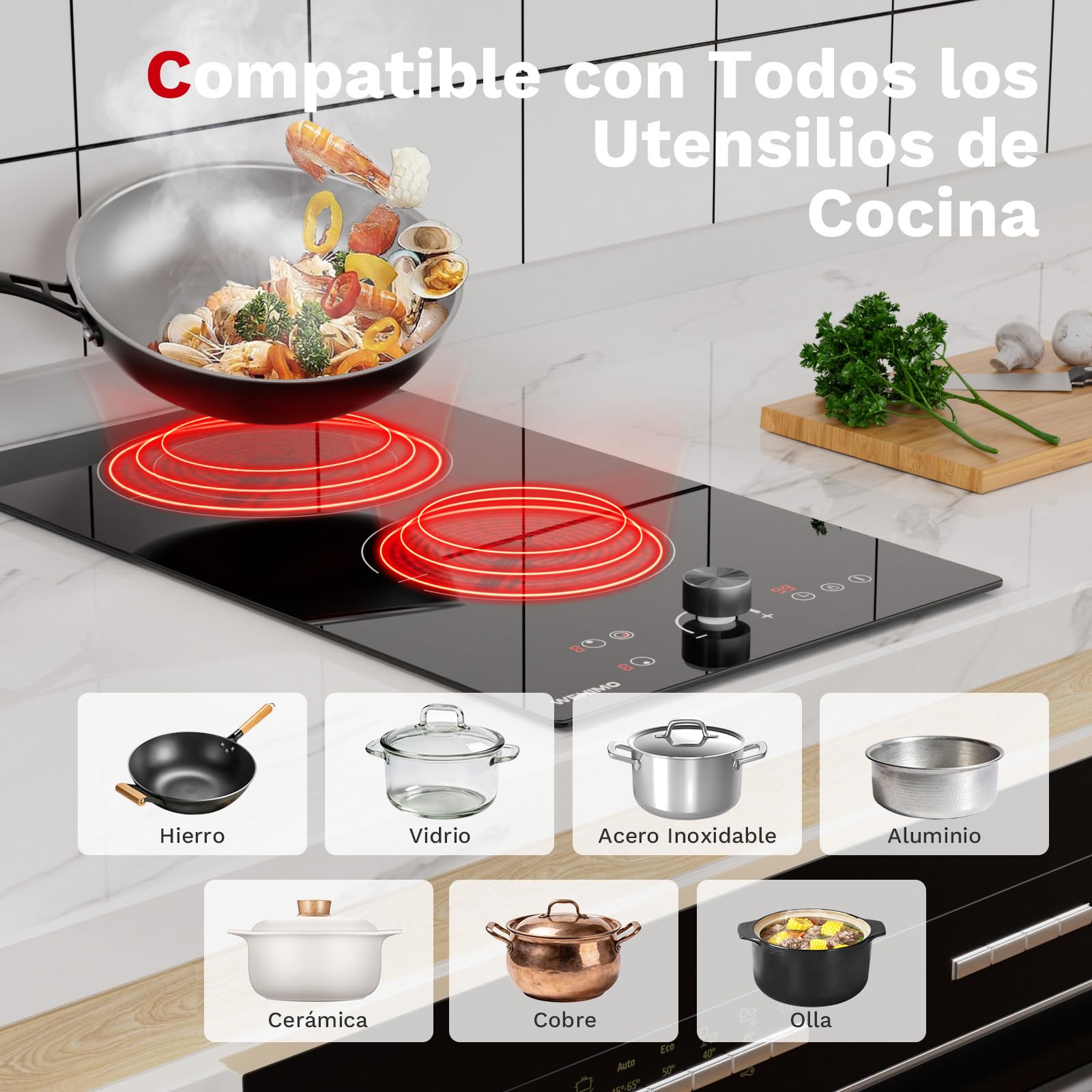 WEHIMO Placa Vitroceramica 2 Fuegos, 3400W, Control con Mandos Giratorios, Quemadores de Doble Corona, 9 Niveles de Potencia, Control Táctil, Seguridad para Niños, Temporizador de 1 a 99 Minutos