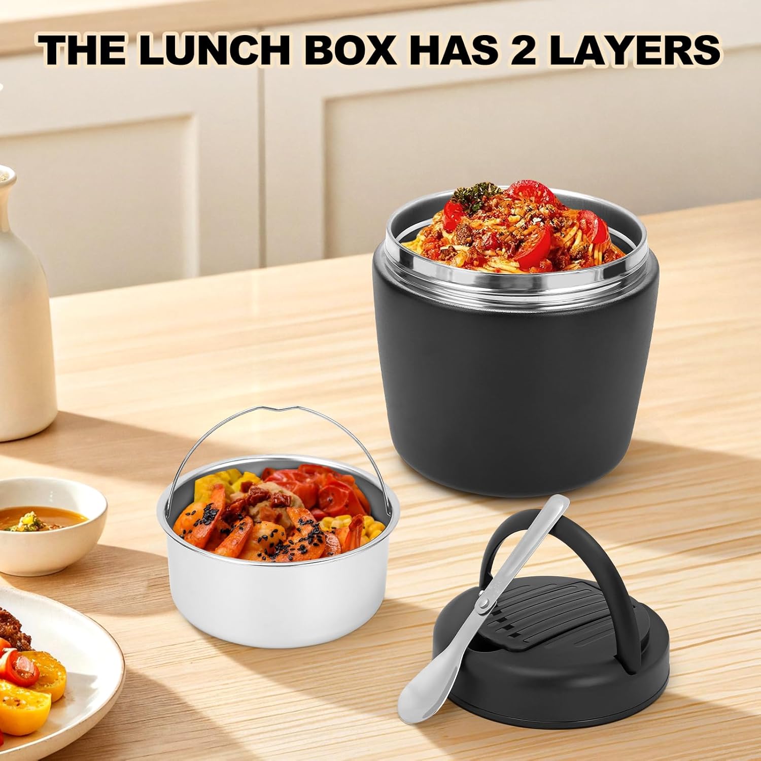 Gugxiom 1.2L 304 Stainless Steel Insulated Lunch Box, Insulated Leak-Proof Food Wide Mouth Soup Tureen with Spoon for Office Workers, Outdoor Workers