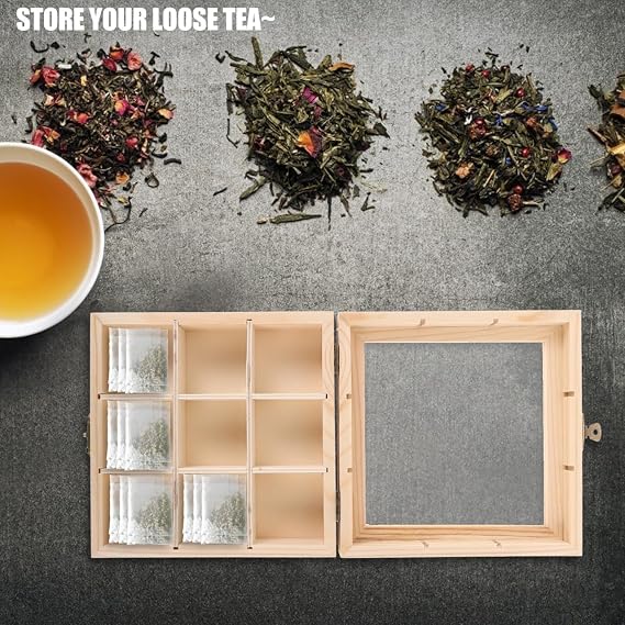 PRETYZOOM Tea Bag Organizer Box with 9 Compartments Wooden Tea Storage Chest for Kitchen Countertop Multi-Purpose Bag Holder and Sugar Packet Organizer 5.70X5.70X1.96 Inches