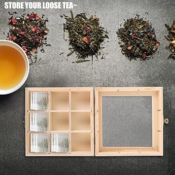 PRETYZOOM Tea Bag Organizer Box with 9 Compartments Wooden Tea Storage Chest for Kitchen Countertop Multi-Purpose Bag Holder and Sugar Packet Organizer 5.70X5.70X1.96 Inches