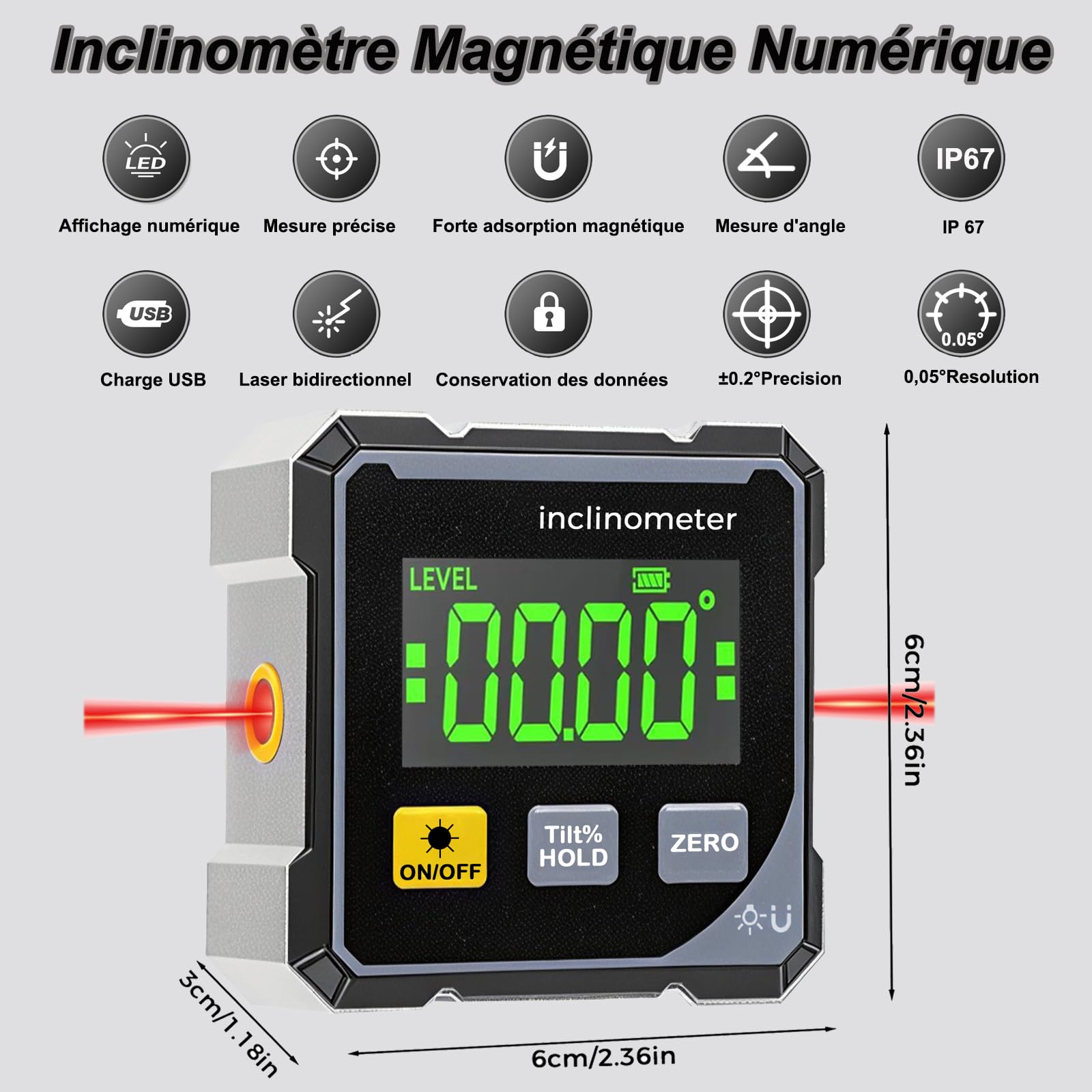 Magnetic Digital Angle Finder con Laser Elettronico, Livella Digitale, Inclinometro Digitale Ricaricabile, Goniometro Digitale con 4 Lati Magnetici, Inclinometro a 360 °, LCD Retroilluminato