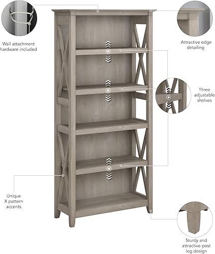 Miniatura 5 de Bush Home Tall 5 Shelf Bookcase for Living Room or Home Office, Large Bookshelf, Modern Farmhouse Style, Key West Collection, Washed Gray Gris