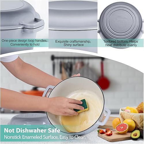 Miniatura 4 de TeamFar Horno holandés de hierro fundido esmaltado de 5 cuartos de galón, olla holandesa 2 en 1 con tapa de sartén para hornear pan, estofado,