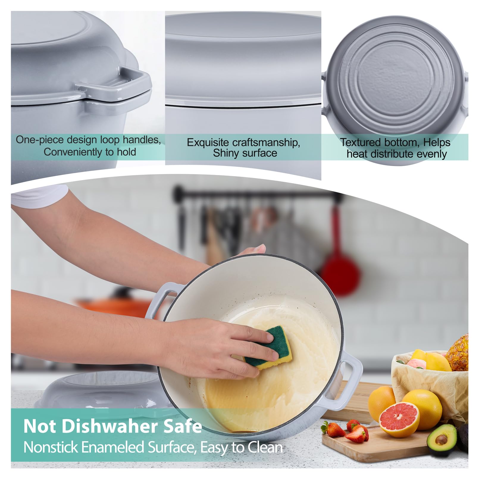 TeamFar 5 Quart Enameled Cast Iron Dutch Oven, 2-In-1 Dutch Oven Pot Cookware with Skillet Lid for Bread Baking Braising Stewing Roasting, Durable & Nonstick, Oven Safe & Fit for Induction (Grey)