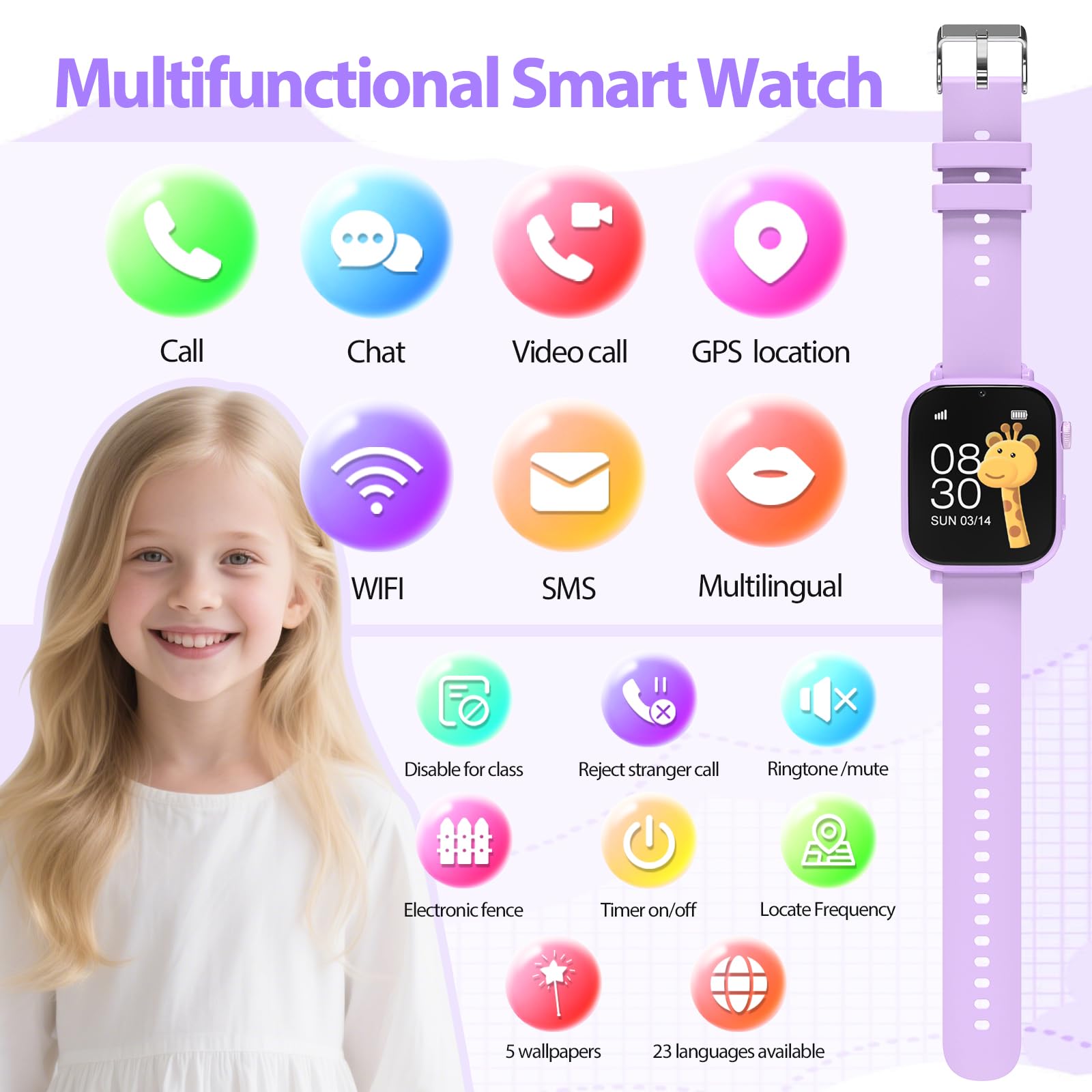 PTHTECHUS 4G Reloj Inteligente Niño, Smartwatch Niños Niña con GPS, Videollamadas, Chat de Voz, SOS, Modo Clase, WiFi, Juegos, Cámara, Reloj Niños Regalo para Niñas niños 4-12 años Regalo (Morado)