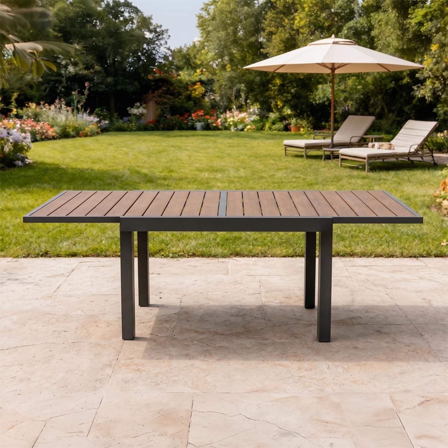 Concepto de fábrica mesa de jardín extensible Nido aluminio y madera 8 plazas | PASO DE 90 A 180 CM RÁPIDO: Bandeja eucalipto certificada FSC, estructura ligera anticorrosión