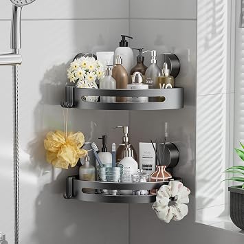 Bathroom Shower Caddy, Suction Cup Corner Shelf,2 Packs Rustproof Wall Mounted Bath Shelves Storage Rack,No Drilling Shower Organizer with 4 Hooks,Kitchen Home Gadget Essentials Corner-2pack