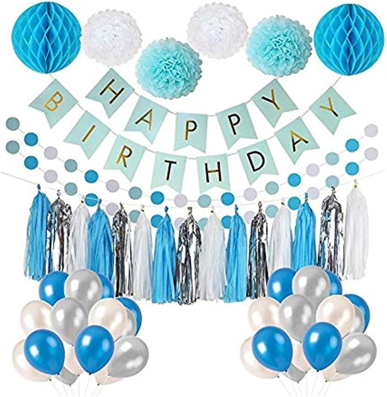 Frozen Theme White Blue Party Decorations girls Birthday Party Supplies, balloons, Pom Poms Flowers, birthday banner, paper Garland, Tassels 1st Birthday Girl Decorations Kids Birthday