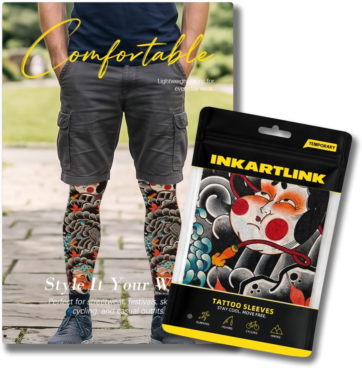 INKARTLINK Tattoo Stockings, 2 Pcs Fake Tattoo Thigh High Socks, Seamless Stretch Long Stockings for Cosplay and Parties