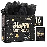 16 Black Happy Birthday Gift Bag with Tissue Paper and Greeting Card for Party,Happy Birthday Gift Bag for Men Women,Gift Bags Extra Large(1 PCS Black Hot Stamping)