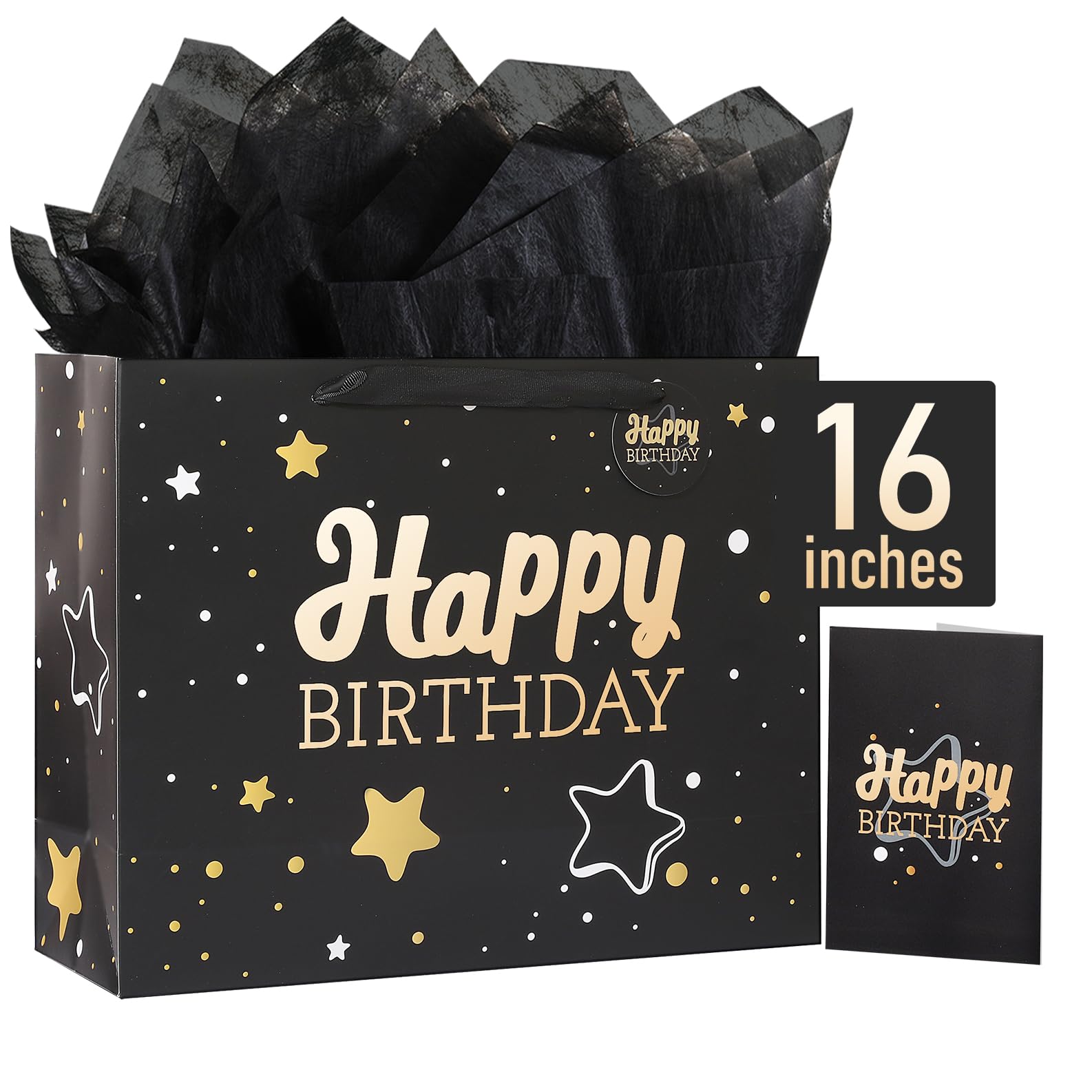 16" Black Happy Birthday Gift Bag with Tissue Paper and Greeting Card for Party,Happy Birthday Gift Bag for Men Women,Gift Bags Extra Large(1 PCS