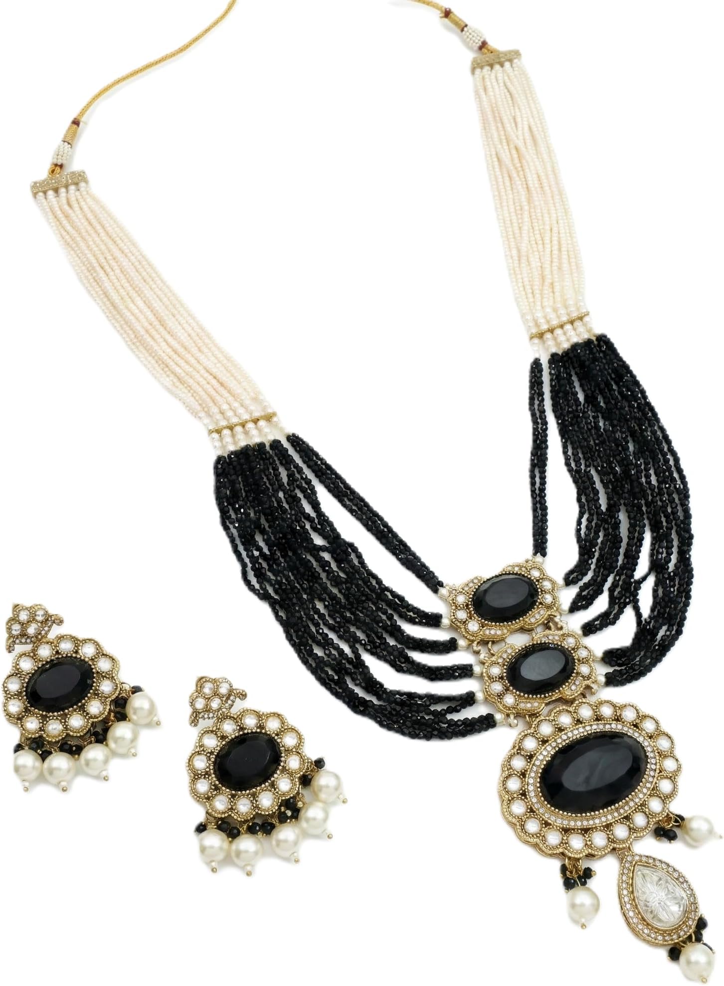 Multi-Layer Pearl Beaded Long Necklace Set with Statement Earrings for Women