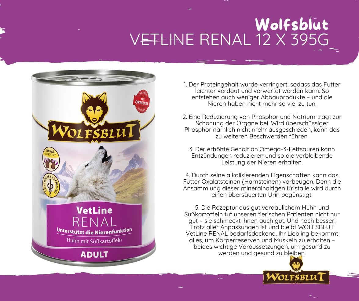 Wolfsblut Vetline Hundefutter - RENAL, 12x395g - Sparbundel, Sparpaket - inklusive Warnicks Tierfutterservice Hundesnack Goodie