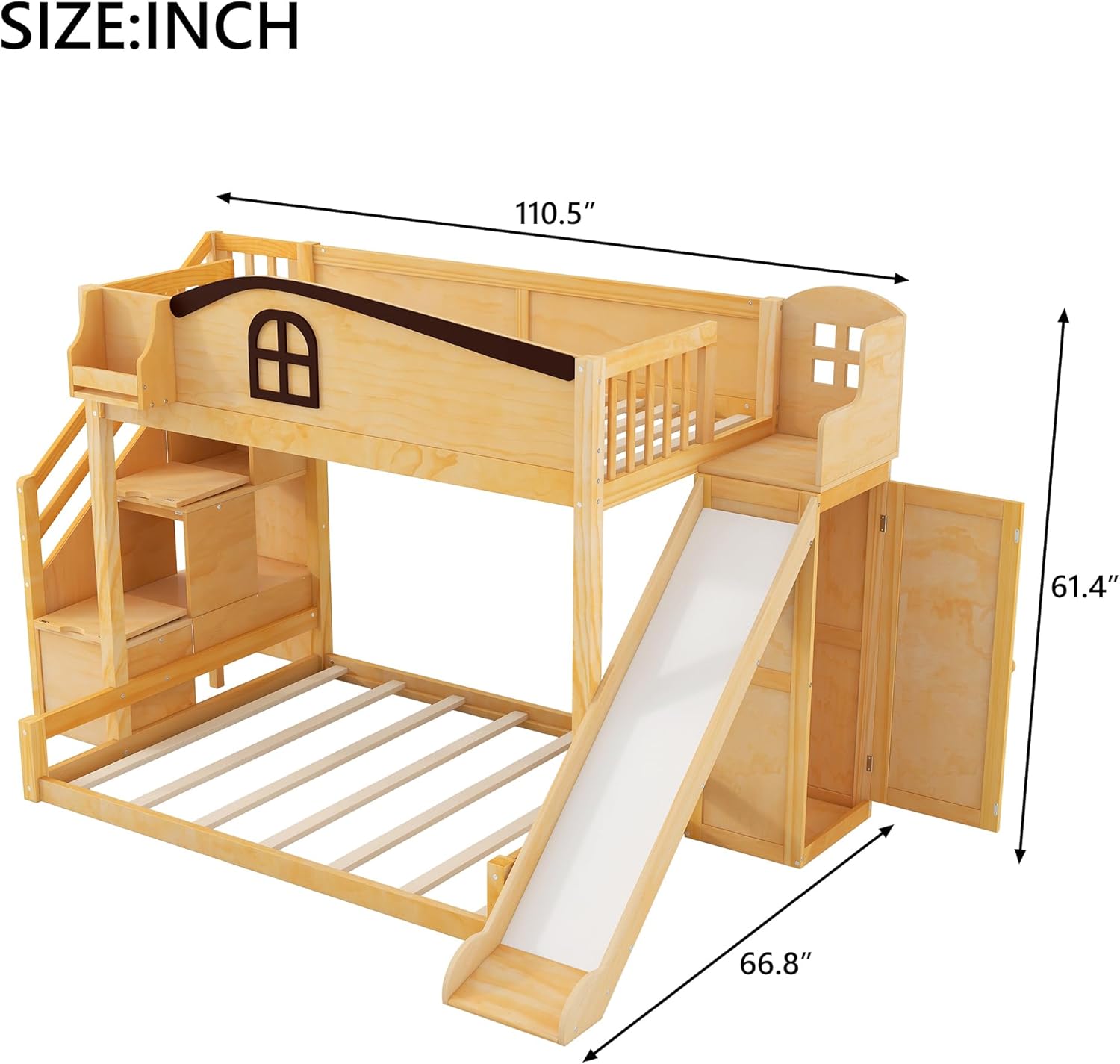 Polibi Twin Over Full Bunk Bed with Slide, Storage Staircase, Wardrobe & Shelf - All-in-One Kids Bedframe, Space Saving, No Box Spring Needed, Natural and Espresso Finish