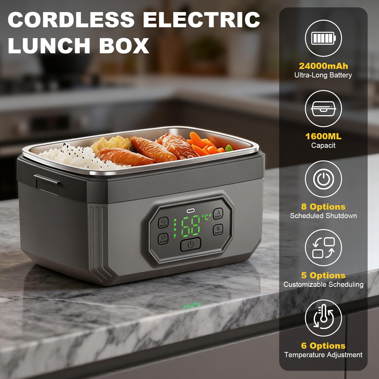 LIROPAU Contenitore per il pranzo elettrico, portatile, 1,6 l, con timer e funzione di riscaldamento regolabile, per lavoro, famiglia, campeggio, ufficio, auto, viaggi, cantieri