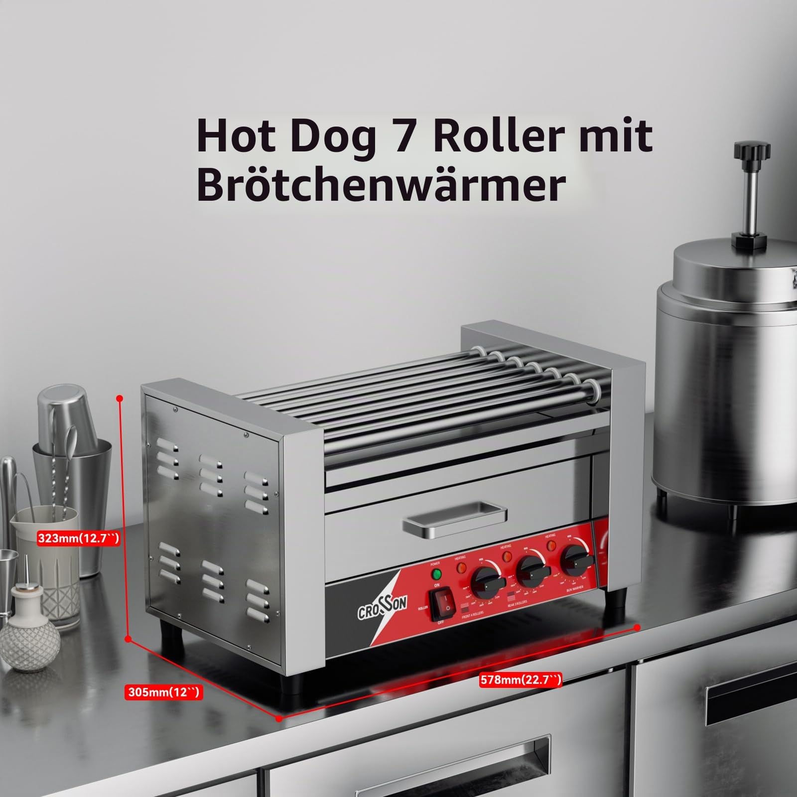 CROSSON 2 in 1 Profi Hot Dog Grill,7 Rollen Edelstahl Hot Dog Machine Elektrogrill 1350W mit Brötchenwärmer,Dual-Temp-Steuerung