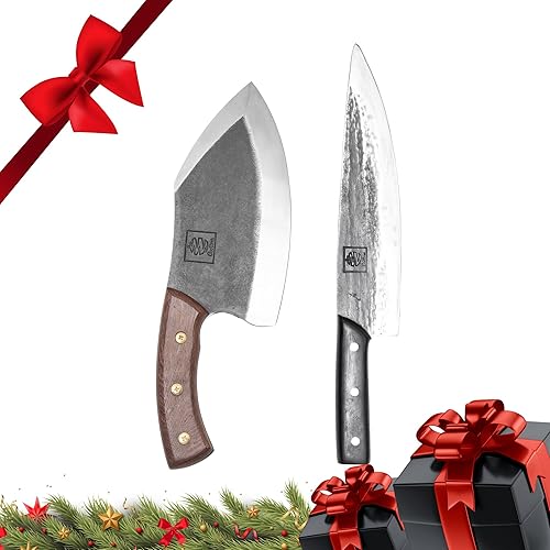 COOLINA Alpha Duo - Juego de cuchillos Lixy Cleaver & Tungsten XL, acero de alto carbono forjado a mano, afilado, espiga completa, mango ergonómico