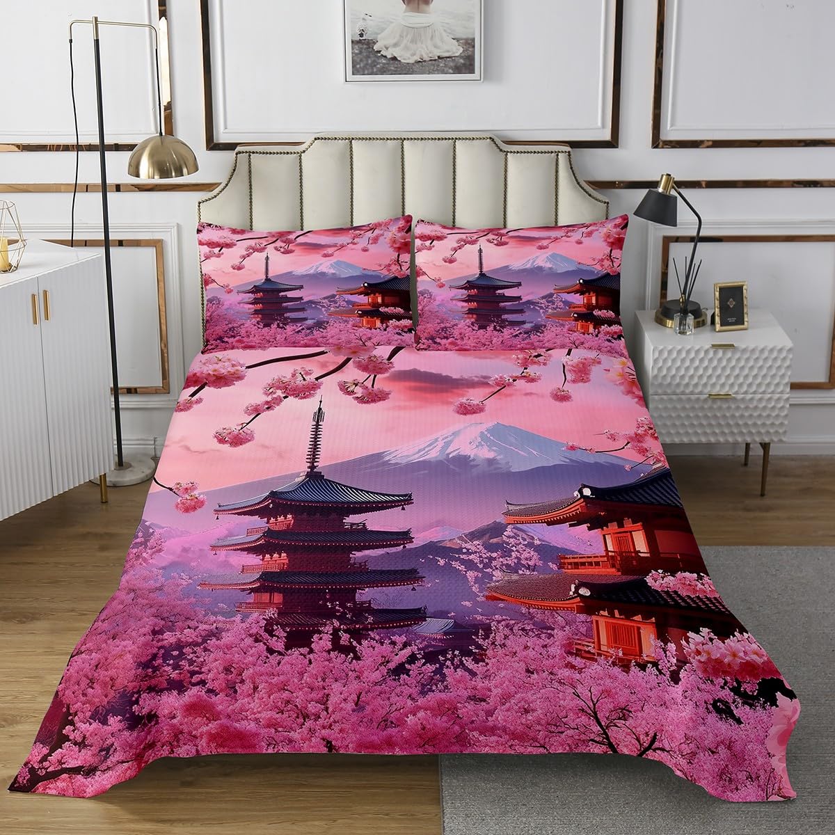 Erosebridal Japanese Style Coverlet Set,Cherry Blossoms Quilt Set Twin Size for Kids Boys Girls,Oil Art Mount Fuji Bed Cover,Dreamy Scenery Bedspread Set