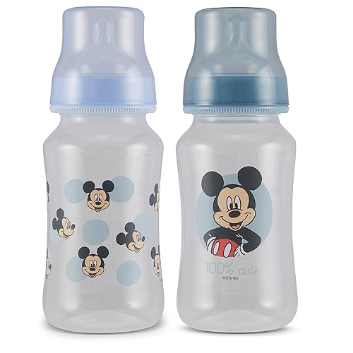 Disney Mickey Mouse - Biberones de 11 onzas para niños o niñas, paquete de 2 botellas con forma de reloj de arena para bebés con funda para recién