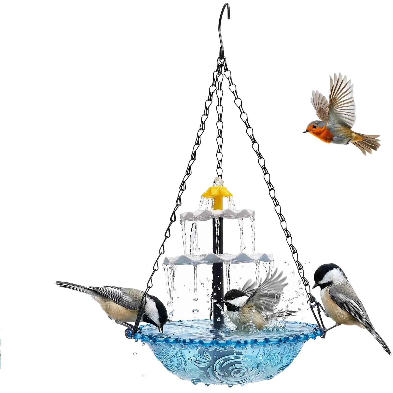 Hanging Bird Bath with Fountain, Blue Glass Bowl, Solar Powered Water Feature for Garden