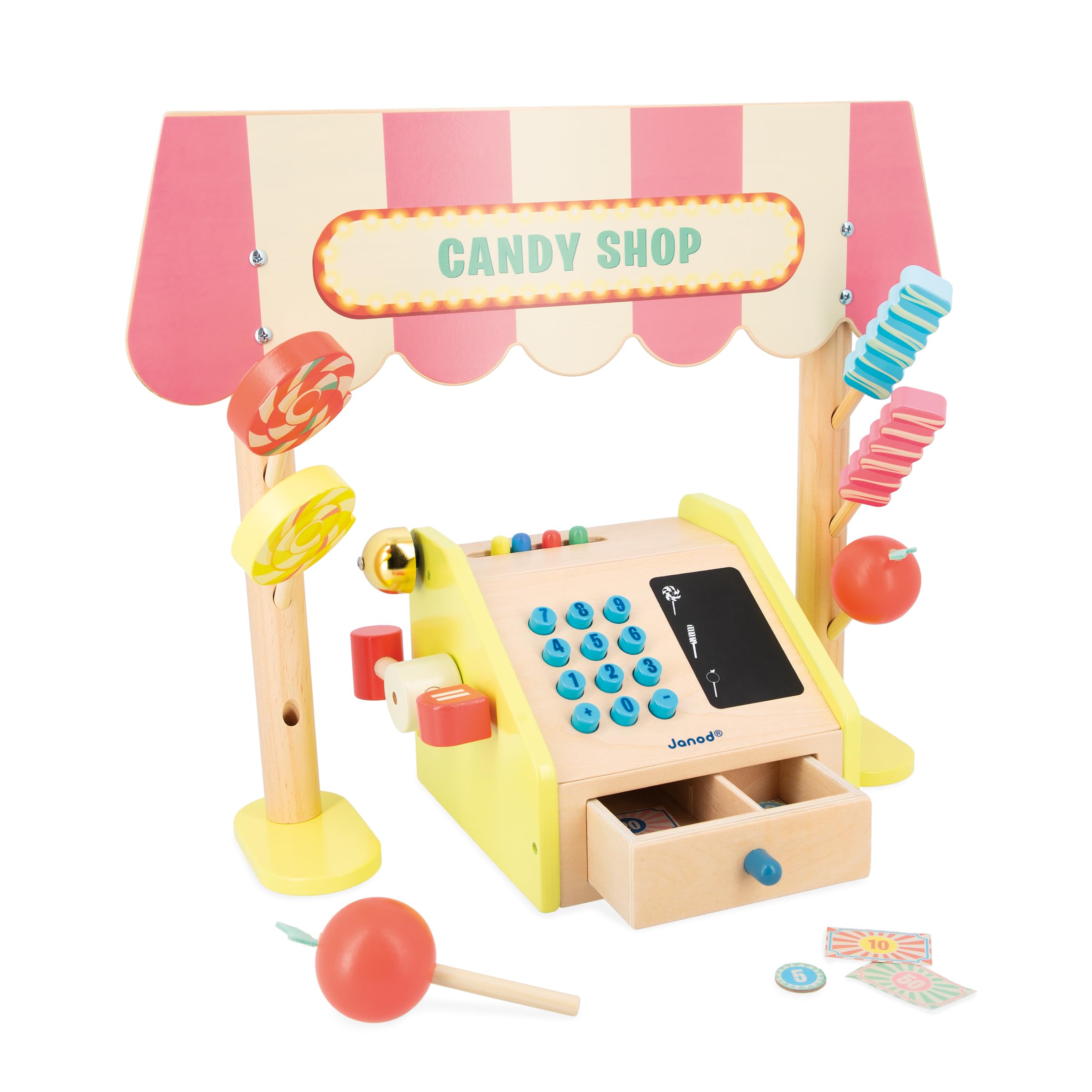 Janod - Tienda Infantil Applepop - Juego de Imitación con Caja Registradora - 19 Accesorios - Estimula la imaginación - Juguete de Madera FSC - Pintura al Agua - A Partir de 3 Años, J03350