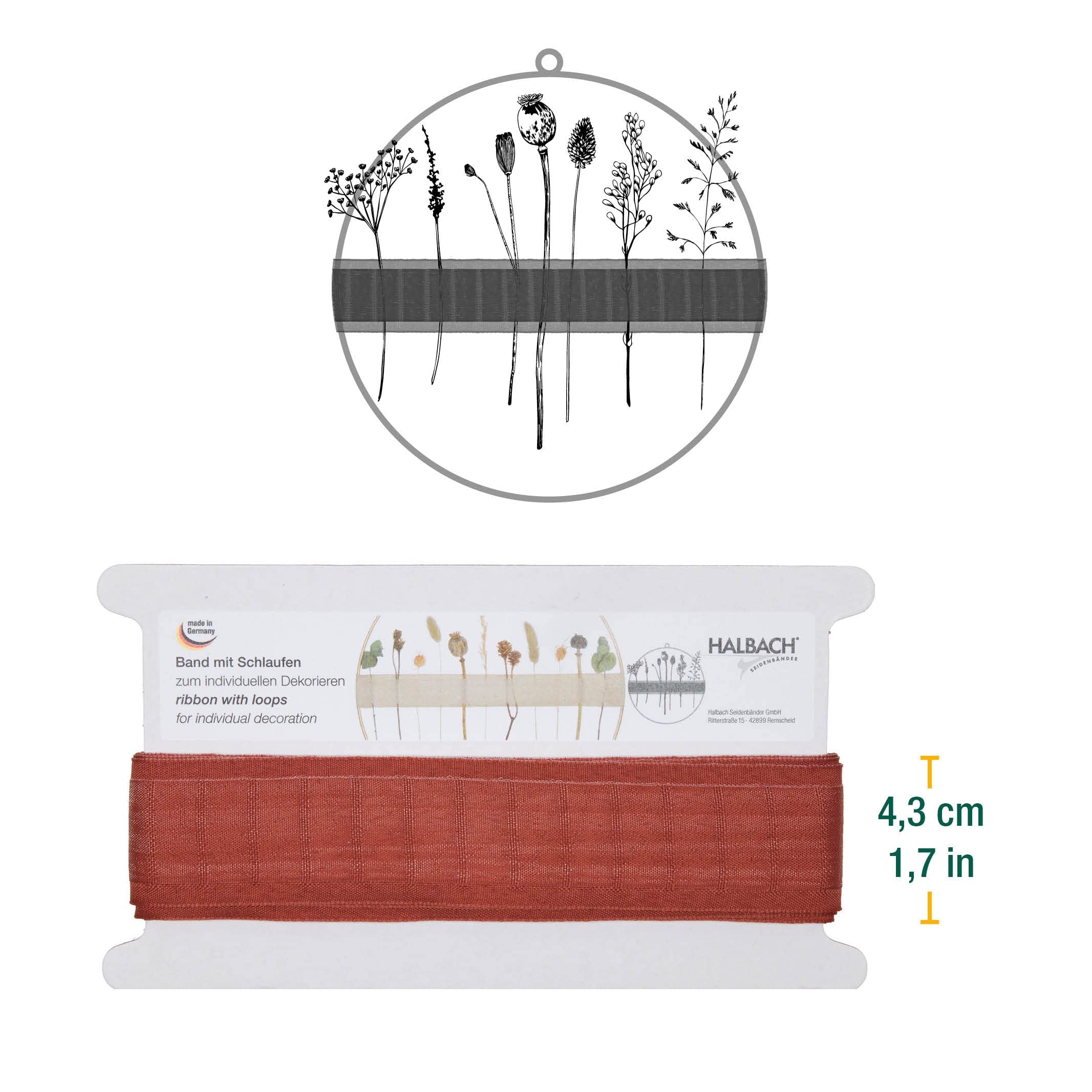 Halbach Seidenbänder Webband Mit Schlaufen - 43 Mm X 6 M, Rosewood, Für Trockenblumen & Deko