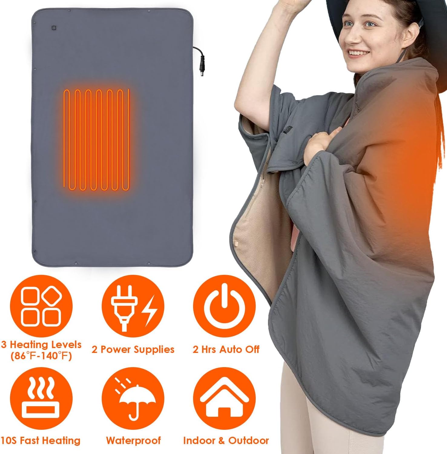 Electric Heated Throw Full Body Heated Shawl Indoor Outdoor Heated Blanket with 3 Heating Levels 2Hrs Auto Off Machine Washable Waterproof 53.5x37.8in