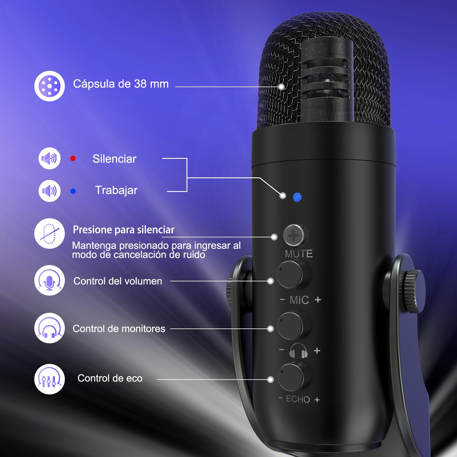 zealsound Micrófono USB para PC, Móvil y Tablet, Micrófono de Condensador de Sobremesa con Reducción de Ruido, Silencio, Monitorización y Eco, para Gaming, Streaming, Podcast, ASMR, Negro