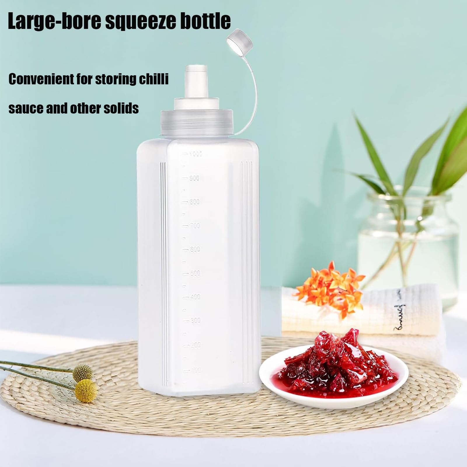 Set di 3 bottiglie Squeeze, bottiglie in PE con scala graduata, a tenuta stagna, ideali per ketchup, olio barbecue, cottura al forno e campeggio (1000ML)