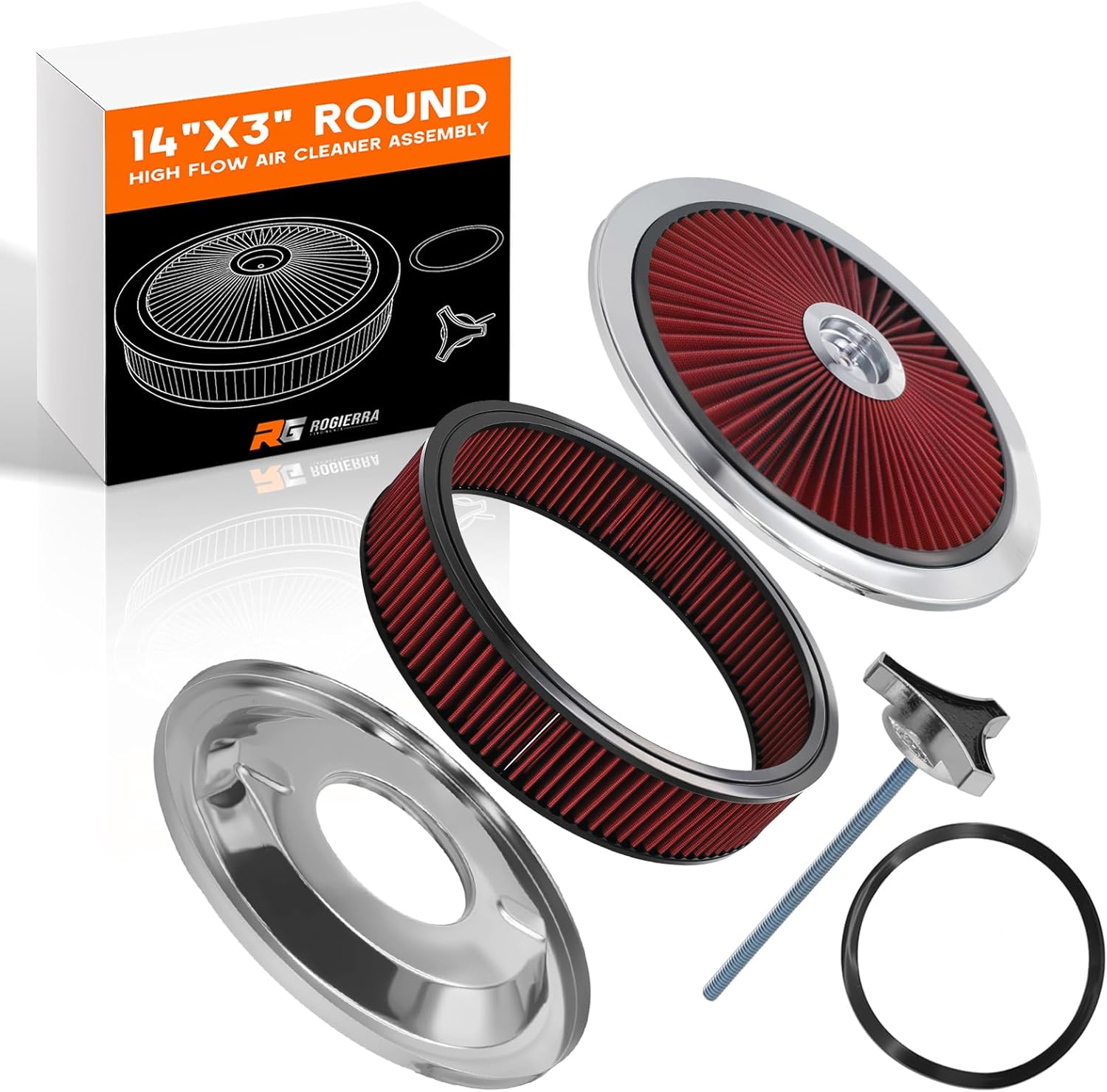 14"x3" Round High Flow Air Cleaner Assembly,Chrome Filter with Flow-Thru Lid for 5-1/8" Carb Neck,Compatible with Chevy, GMC, Ford, Chrysler, Dodge V8