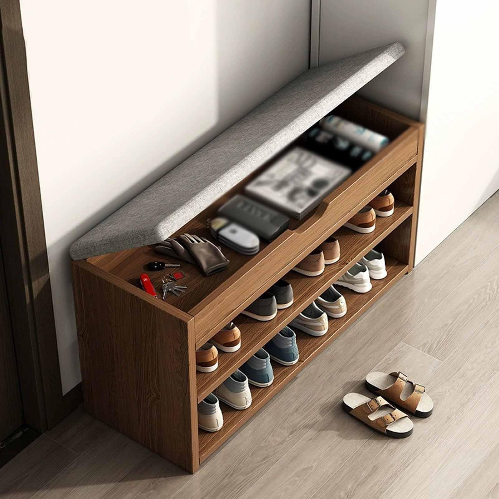 2-Tier Storage Bench, Wooden Shoe Bench With Cushion – Entryway Shoe Cabinet & Organizer With Hidden Compartment, 80x30x43cm