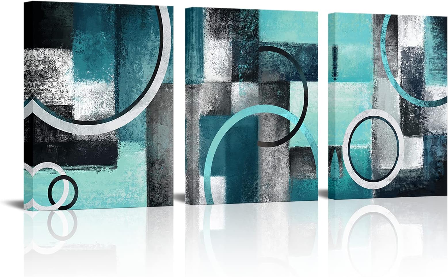 Visual Art Decor Teal and Grey Abstract Geometric Circle Canvas Wall Art Rustic Turquoise Blue Prints Artwork for Living Room Bedroom Wall Decoration