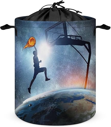 Sports Basketball Teens Kids Laundry Basket Modern Fantasy Galaxy Earth Basketball 3D Printing for Bedroom Laundry Room Closet Bathroom College One