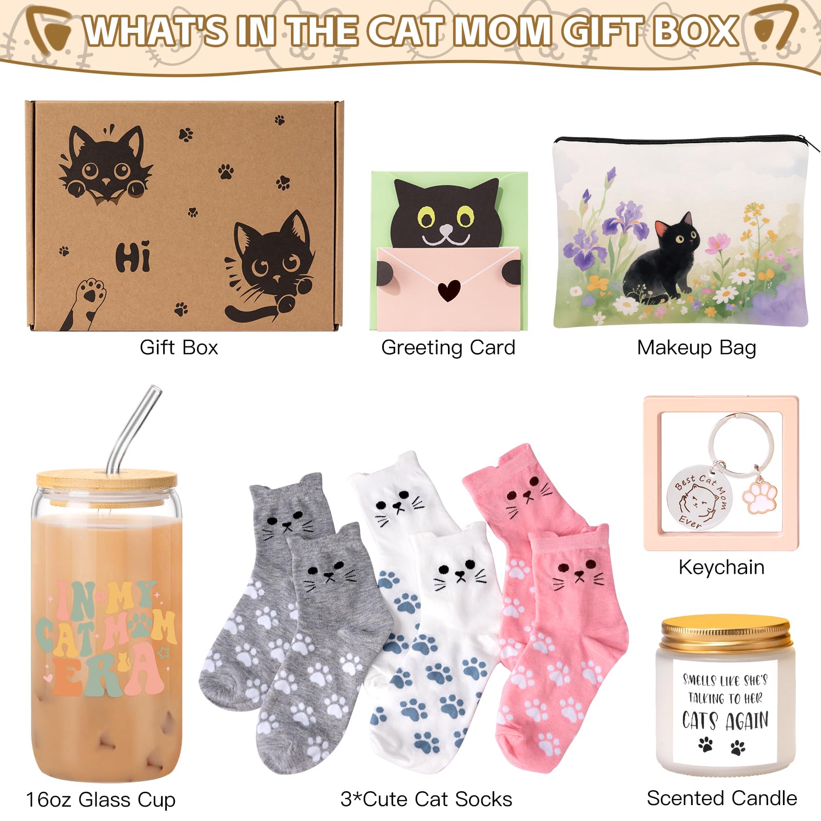 Cat Lover Gifts for Women, Cat Gifts for Women, Cat‘s Themed Gift for Christmas Mothers Day Birthdays, Funny Gift for Cats Lovers for Crazy Cats Lady Mom Daughters with Glass Cup Scented Candle Socks