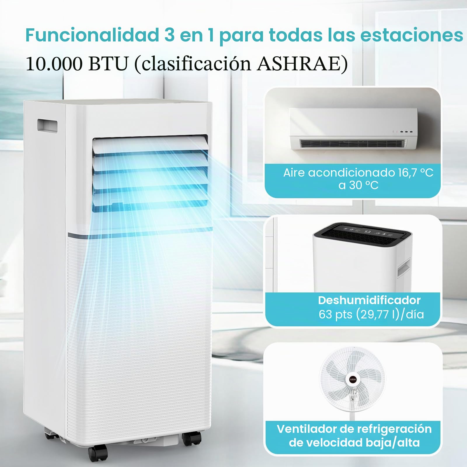 Electactic Climatizador portátil 10000 BTU silencioso para dormitorio, oficina y espacios pequeños, refrigeración 3 en 1, deshumidificador y ventilador, evaporación automática, 2 velocidades