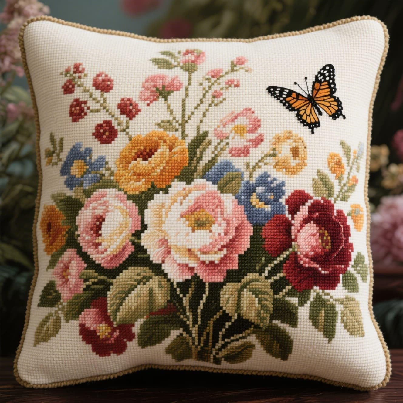 AMBATTERY DIY Embroidery Pillow Case, Beautiful Flowers and Butterflies Cross Stitch Cushion Kits Stitched Cushion Kit 11ct Needlework Sets Decoration Embroidery Pillow Case 45x45cm