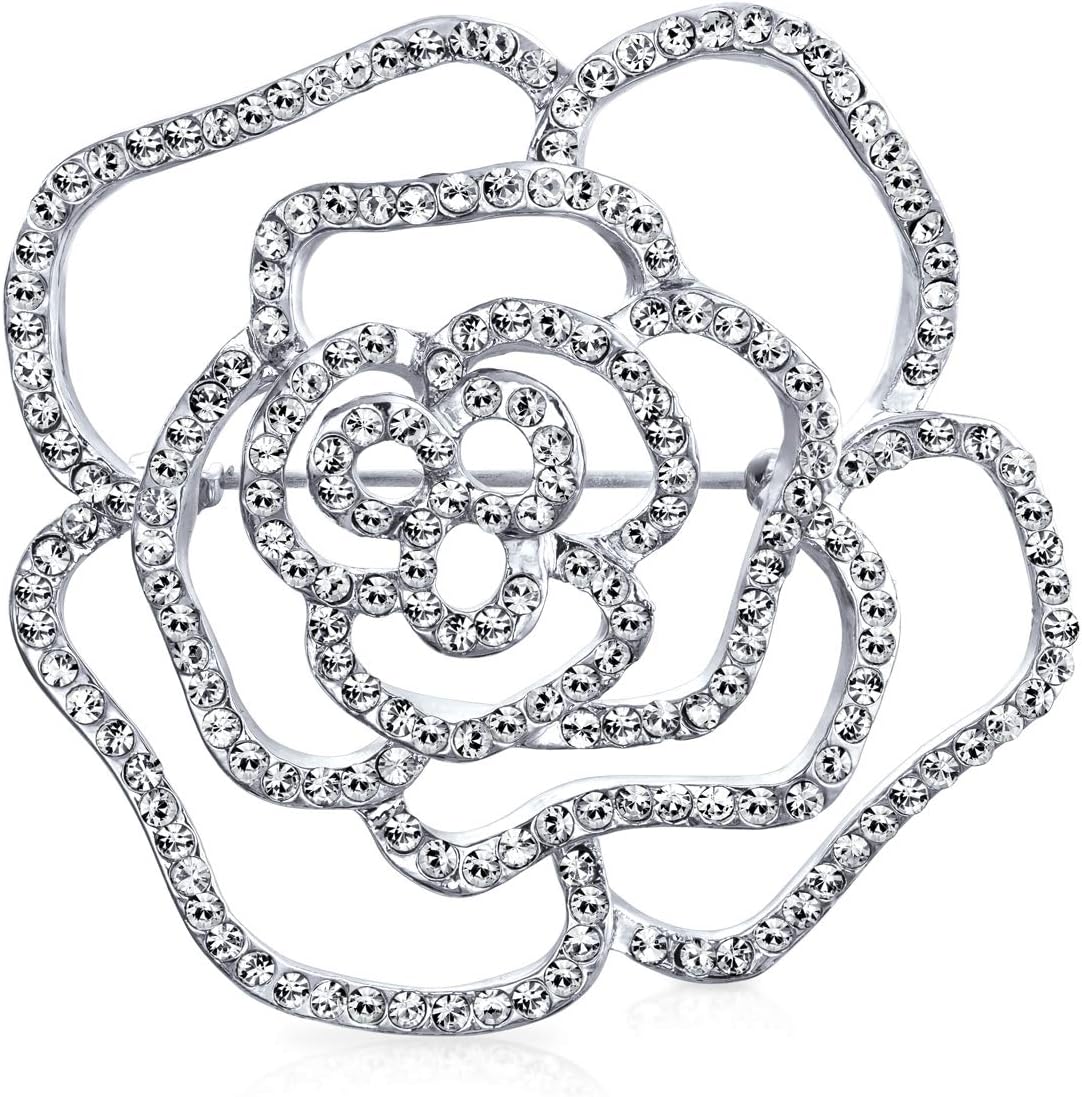 Large Fashion Statement Sparkling Party Rose Flower Shape Open Pave Crystal Wedding Brooch Scarf Pin For Women Silver Tone Rhodium Plated Brass