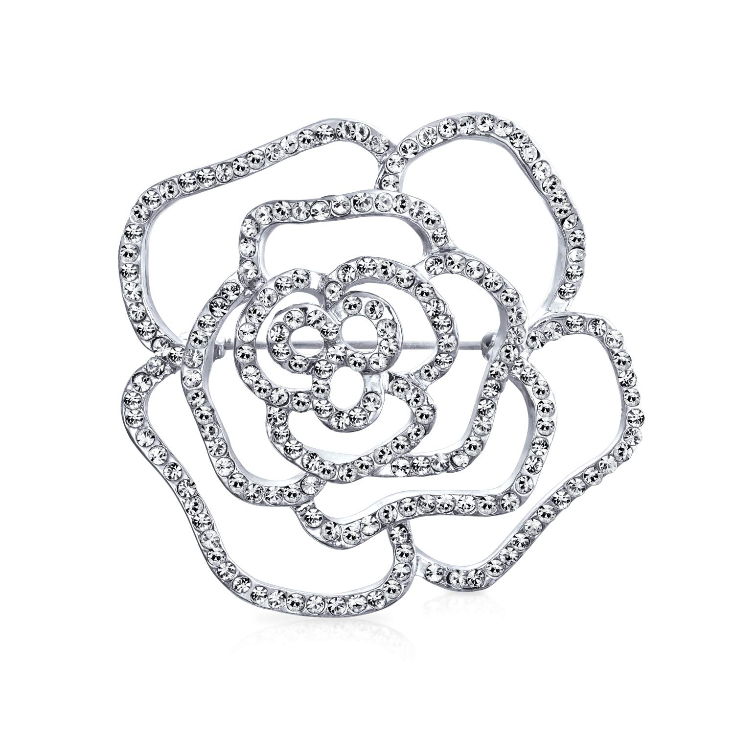 Gran Declaración De Moda Sparkling Fiesta Rosa Flor Forma De Cristal Pave Abrir Boda Broche Bufanda Alfiler Para Mujer Plata Tono Rodio Chapado En Latón