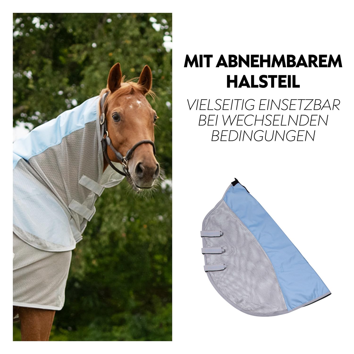 SUNRIDE Manta Lluvia antimoscas 0g Caballo (Oslo) – 1200D – Cuello Desmontable – 100% Impermeable – Columna de Agua 3.000 mm (Azul/Gris, 165 cm)