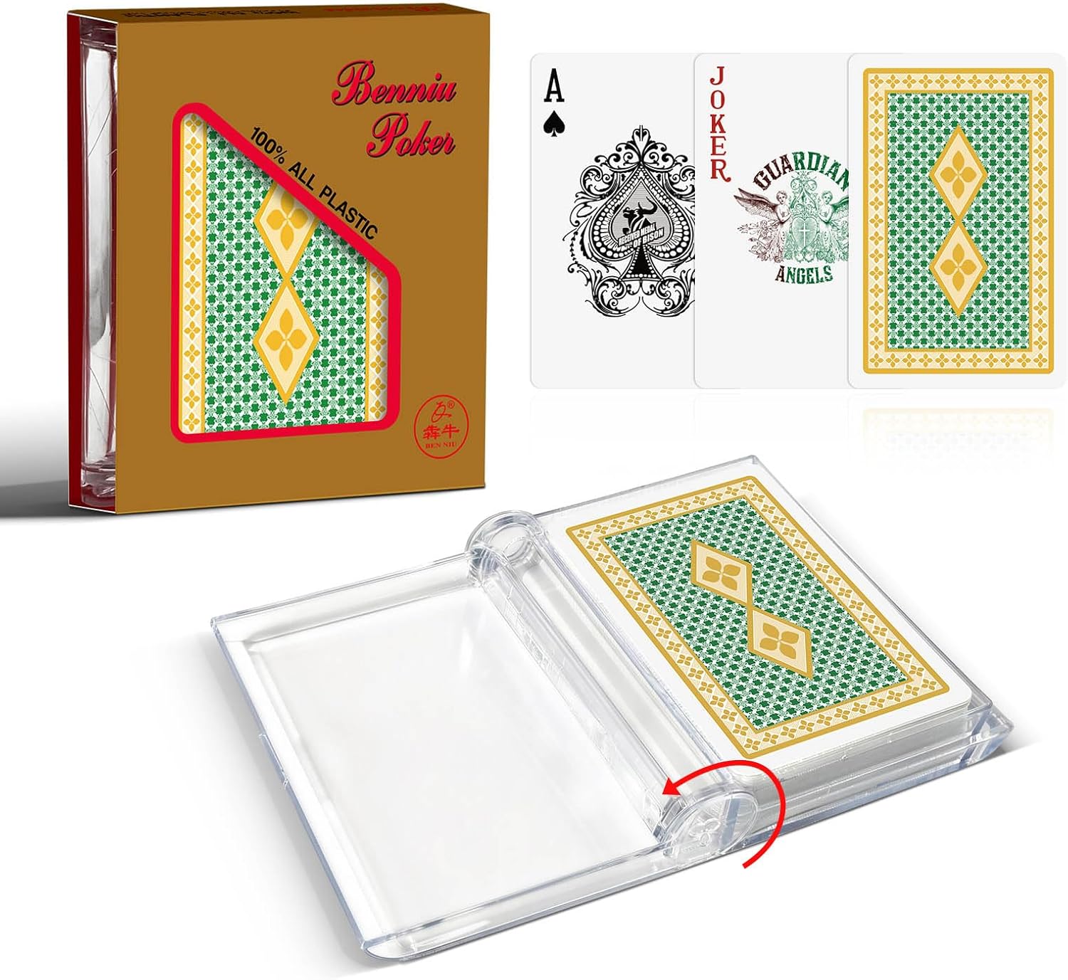 Ben Niu Japanese Angel Bridge Size Waterproof Plastic Playing Cards with Open Case (Sweet Angel Bridge Green 1)