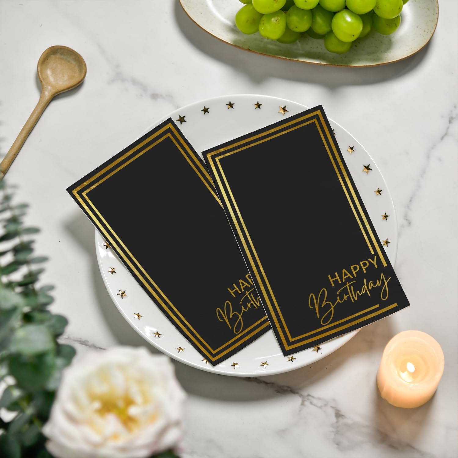 Horaldaily Birthday Disposable Paper Decorative Guest Napkins, Happy Birthday Gold Foil Black Elegent Celebration Hand Towel for Party Lunch Dinner Kitchen Bathroom