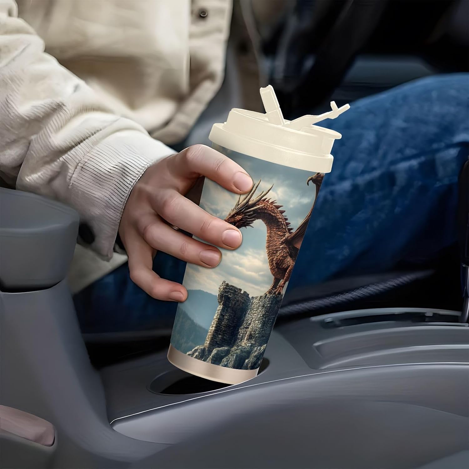Dragon Castle Wings Insulated Coffee Mug with Straw & Flip Lid, 16.9oz Iced Tumbler Cup, Double Wall Vacuum Leak-Proof Mug for Travel Office