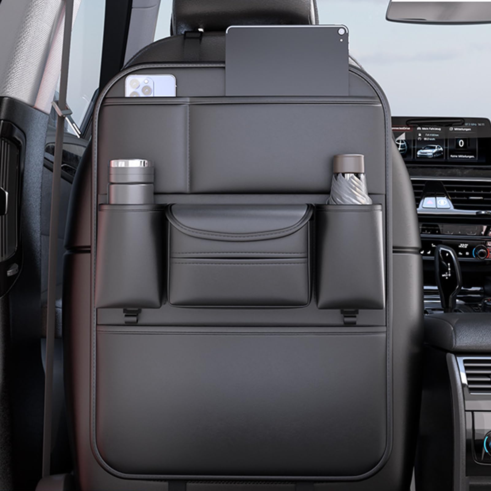 Organizador Trasero Para Coche Organizador De Asiento Trasero Con Bolsillos | Protector De Asiento De Cuero Con Portavasos Y Alfombrilla, Imprescindible Para Viajes En