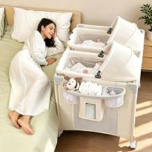 Twin Bassinet for Baby, 3-in-1 Bedside Bassinet for 2 Babies Convertible to Bedside Sleeper and Playpen, Includes 2 Removable Rocking Portable Baby Bassinets and Storage Bags, Beige