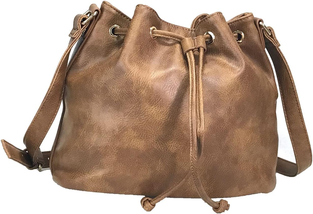 large Leatherette Drawstring Concealed & Carry Bucket Bag CCW Crossbody