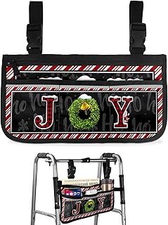 Christmas Joy Wheelchair Side Bag Walker Bag, Xmas Wreath Black Red Plaid Wheelchair Accessories Armrest Pouch, Organizer Storage Bag for Walkers, Rollators, Scooters, 7.3'x13'