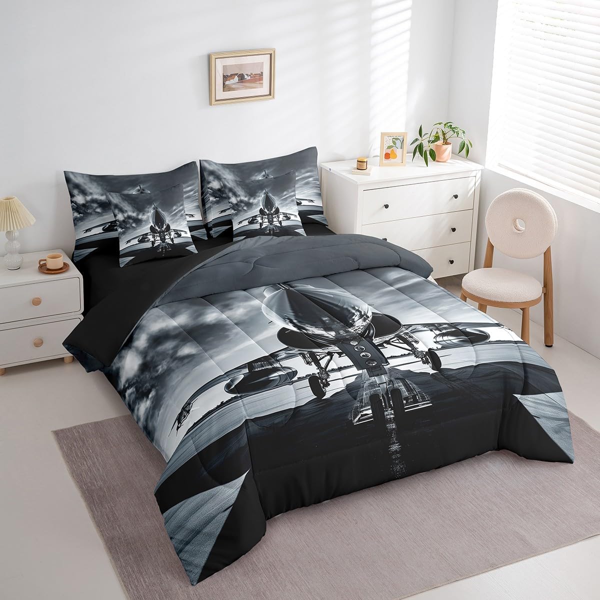 Erosebridal Aviation Aircraft 7 Piece Comforter Set Full Bed in a Bag,Airplane Aeroplane Bedding Sets Plane Airliner Sheet Set with Comforter