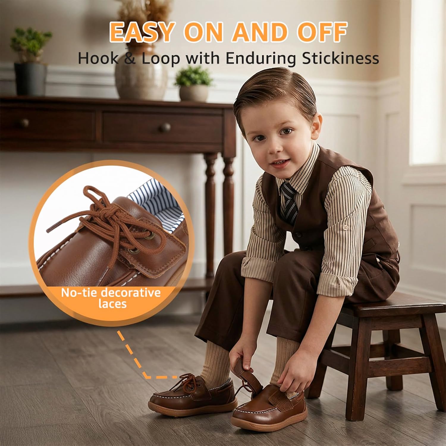 STQ KIDS Toddler Boys Dress Oxford Shoes Leather Hook and Loop Loafers
