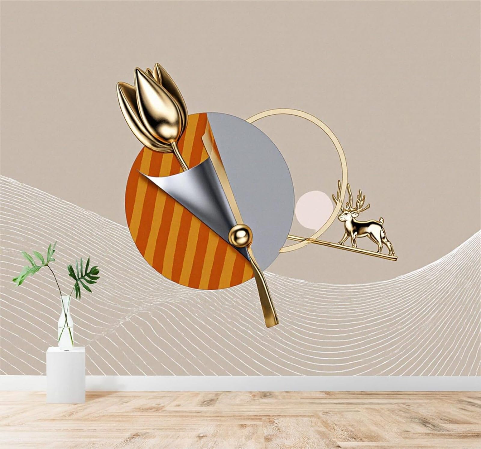 XLMING Golden Deer Golden Tulips Abstract Geometric Art 3D Wallpaper Silky Texture Home Study Office Grey Dining Room Sofa Bedroom Living Room TV Backdrop-350cm×256cm